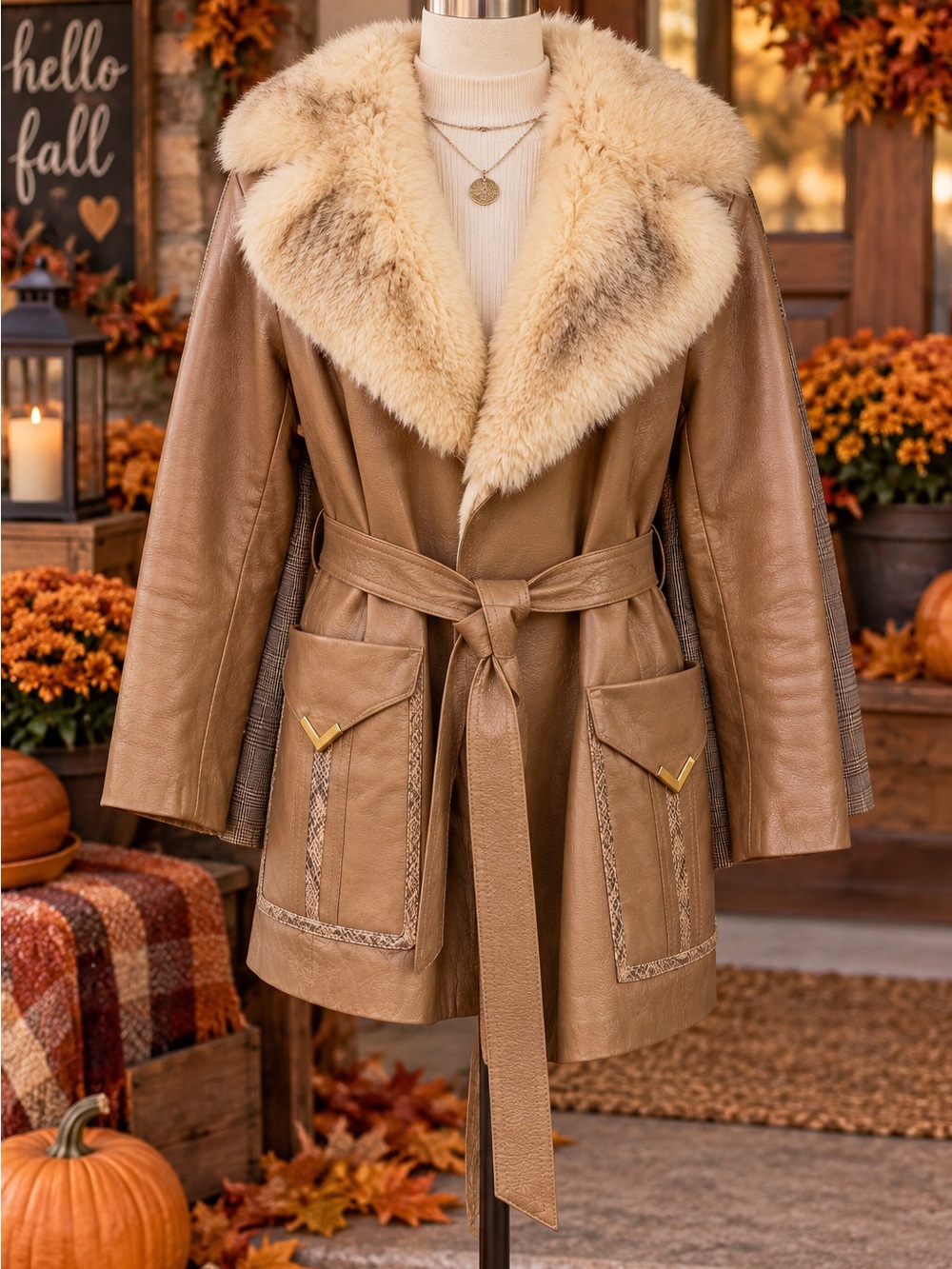 Genuine, vintage Shearling and leather,Belted Coat